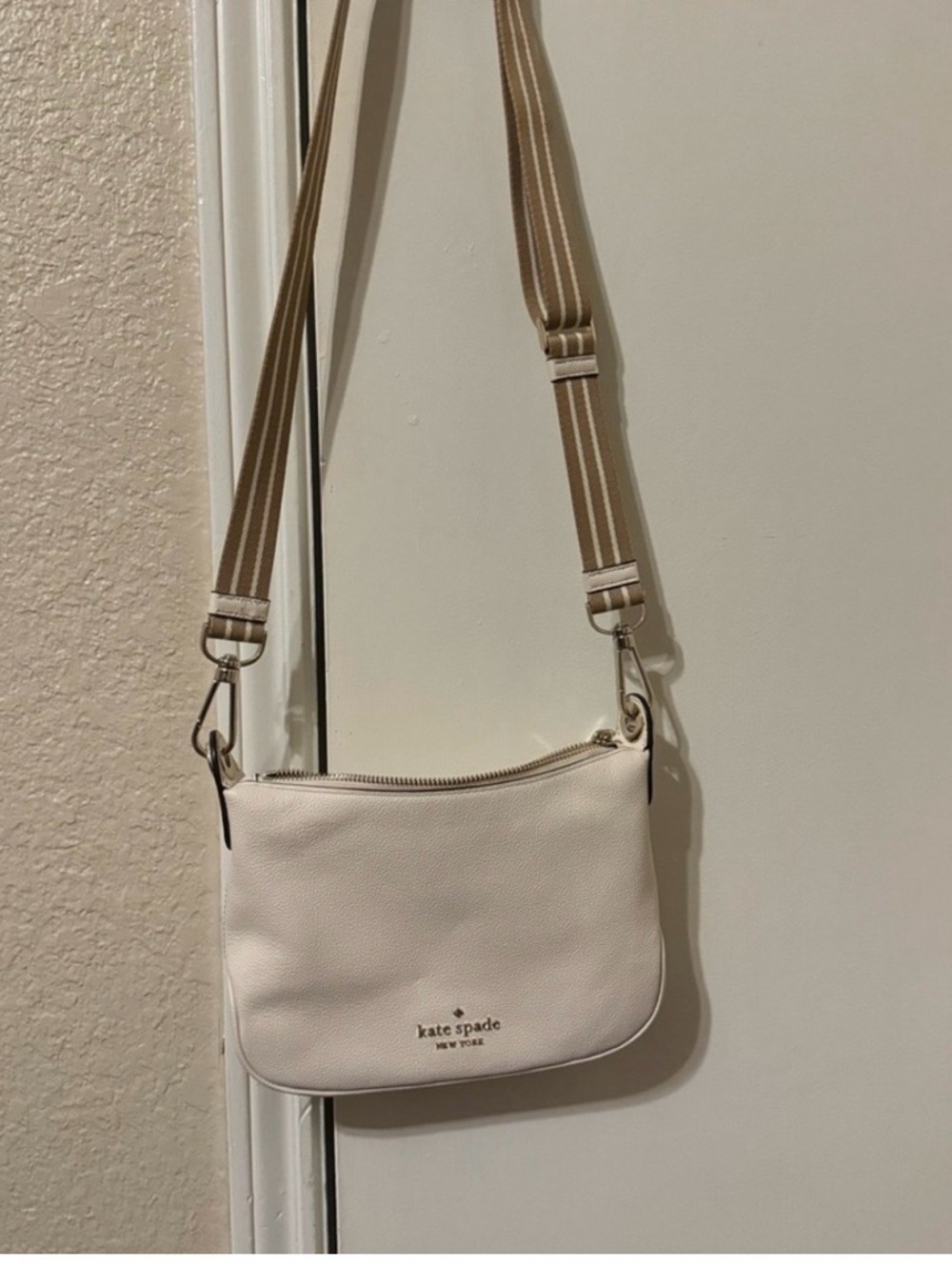 kate spade Cream Leather Crossbody with Striped Tan Strap